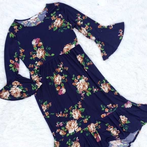 HP 4/24 CLEARANCE! Midi Dress Navy Floral Ruffles - Picture 3 of 6